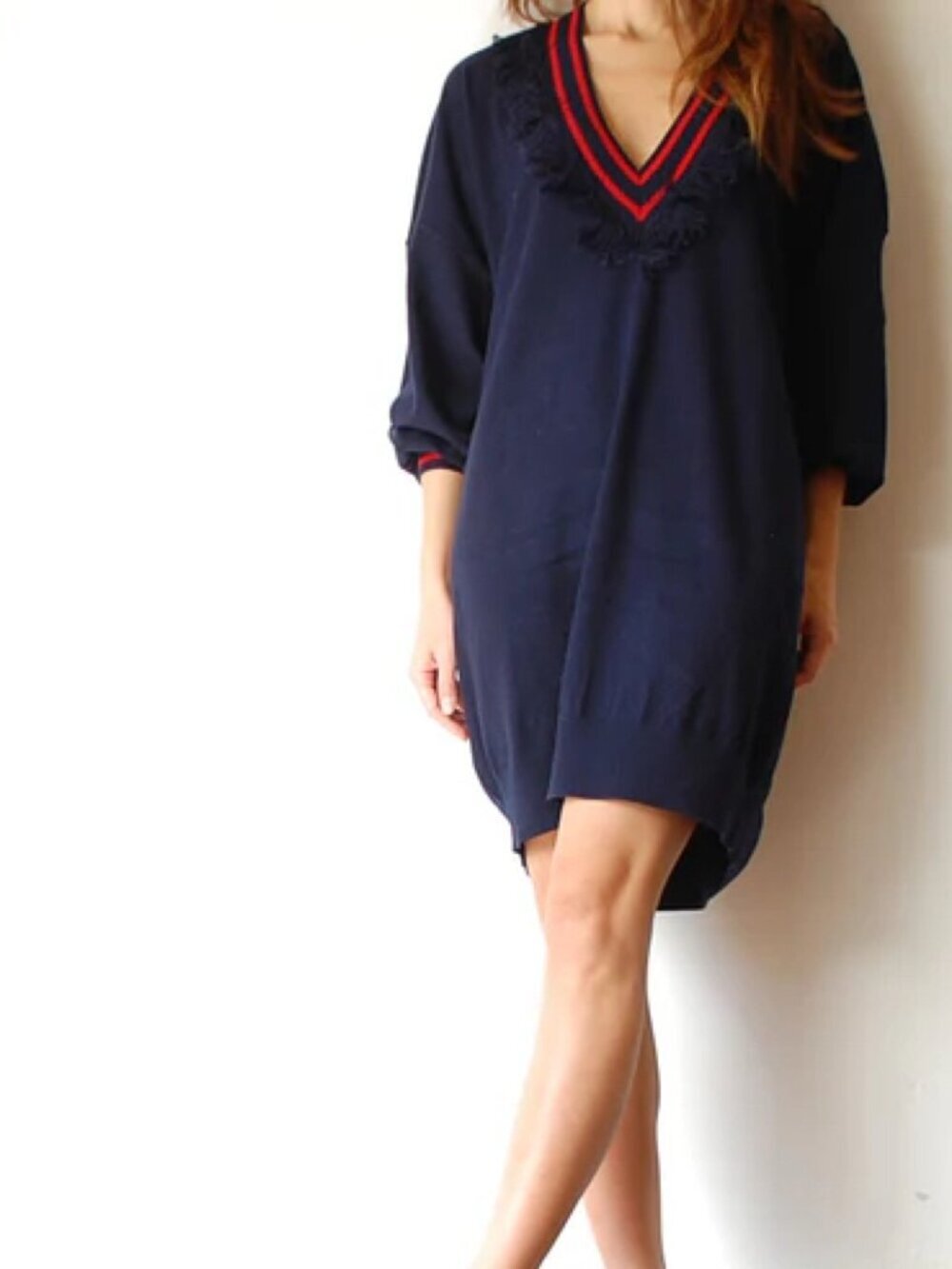 Ulla Johnson Ainsley Fringed Cotton Cashmere Sweater Tunic Dress in Cadet